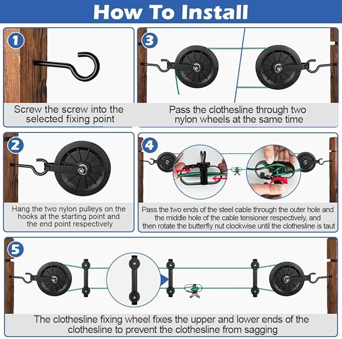 Outdoor Clothesline Kit, 150ft Green PVC Coated Galvanized Clothes Line Pulley Kit with 6.3" Clothesline Pulley, M8 Metal Hooks, 3Pcs Separator, Outdoor Clothes Line Heavy Duty