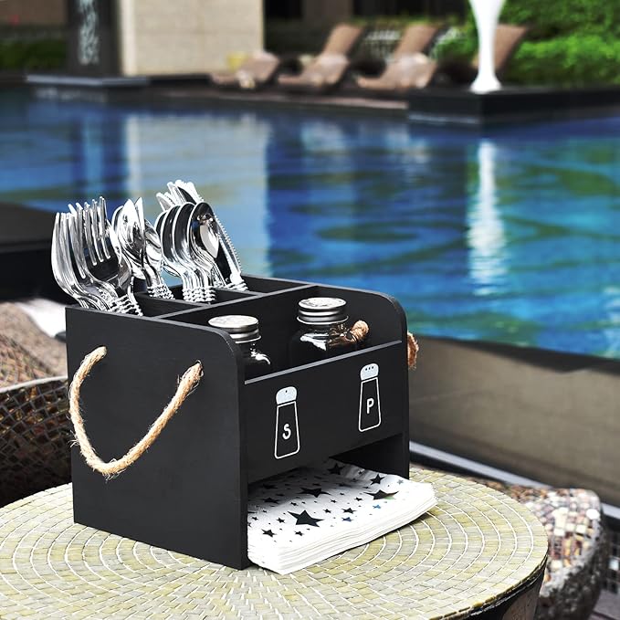 Ikee Design Wooden Utensil Caddy with Handles, Includes Salt Pepper Shaker,Silverware Caddy,Silverware Holder Organizer for Countertop,Party,Camping and Kitchen,Picnic Cutlery Holders,Black Color