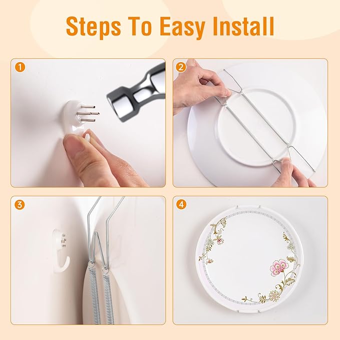 Bilillo 3 Pack Plate Hangers for The Wall, Suitable for 8-10 inch Art Plate, Stainless Steel Invisible Heavy Duty Wire Plate Holder with Wall Hooks, Plate Hangers for Displaying Plates, Silver