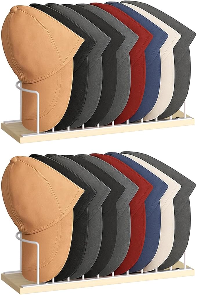 SWTYMIKI Hat Stand for Baseball Caps - 2 Tier Wood & Metal Tabletop Hat Organizer Storage Display Rack, Holds up to 20 Caps for Desk, Closet Shelf, Dresser (White)
