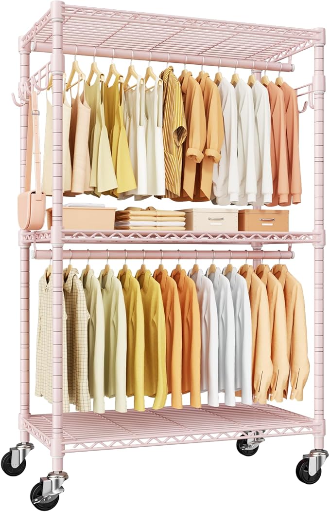 P1 Rolling Closets with Wheels and Shelves, Portable Closet Wardrobe for Clothes Hanging, Pink Clothing Storage and Organizer System for Bedroom, 35.5" W x 15.7" D x 80.5" H, Hold 500lbs