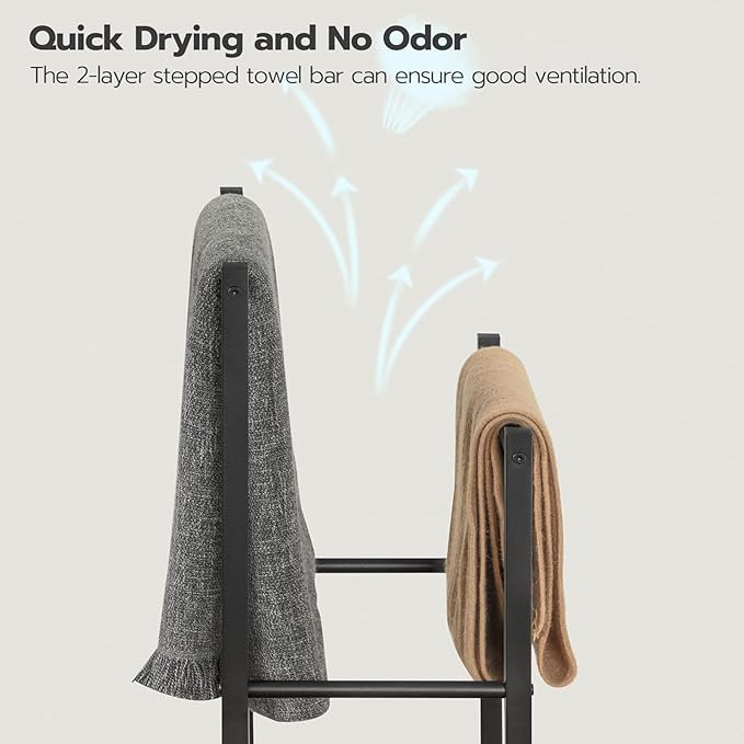 HOOBRO Free Standing Towel Rack for Bathroom, 22" L x 9.4" W x 31.5" H, 2 Tier Blanket Rack, Blanket Holder, Drying and Display Rack with Shelf, Rustic Brown and Black BF04LB01