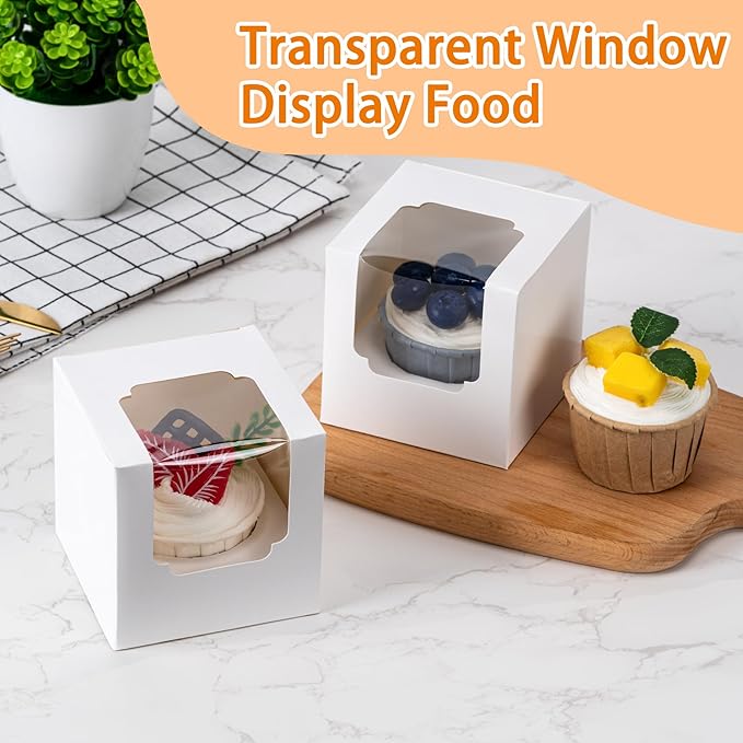 BOOMIBOO 25 Pack Individual Cupcake Containers, Cupcake Boxes with Window, Food Grade Cupcake Holders with Inserts, Stackable Deep Cupcake Carrier Easy Transport and Presentation (White)