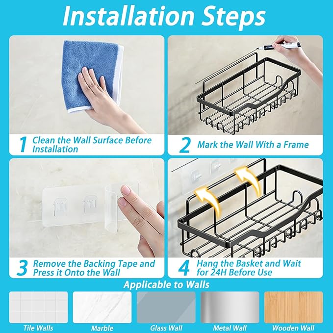 Adhesive Shower Caddy, 5-Pack Rustproof Stainless Steel Bathroom Organizer with 28 Hooks, No-Drill Large Capacity Shower Shelves for Bathroom Storage & Home Décor, Black