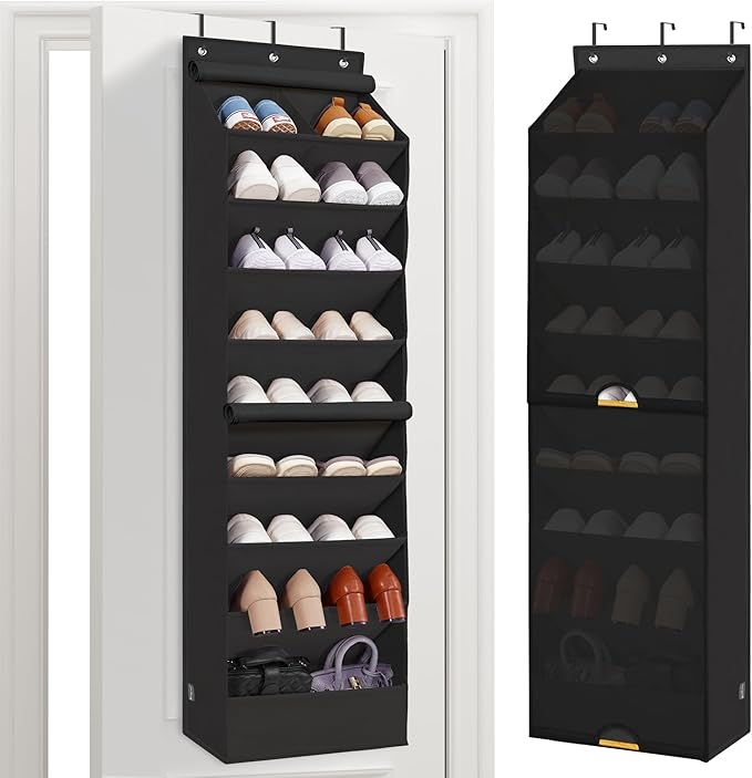 STORAGE MANIAC Over the Door Shoe Organizer with Curtain Dustproof Heavy-Duty Large Deep Pocket Hanging Shoe Organizer for Closet Dorm & Narrow Door Storage Shoe Holder Shoe Rack, 9-Shelf Black 1 Pack