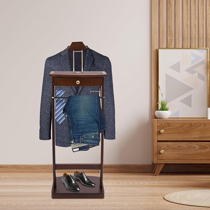 Wooden Freestanding Clothes Stand with Sturdy Base, Multi-functional Suit Valet Stand, Coat Rack with Top Drawer, Tie Hangers, and Storage Compartments for Office, Bedroom, Living Room (Walnut Color)