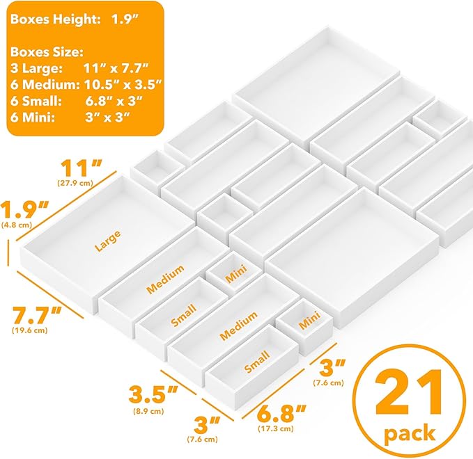SpaceAid 21-Piece Bamboo Drawer Organizer Storage Boxes Set, Wood Tray Junk Drawer Organizers Multi-Use Divider Bins for Kitchen, Bathroom, Office Desk and Makeup Organization (21 Pack, White)