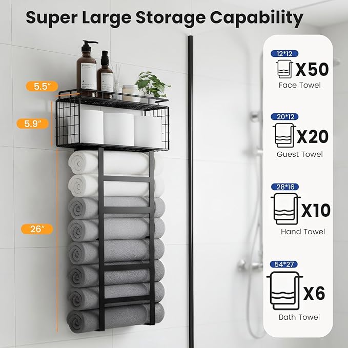 Towel Racks for Bathroom Wall Mounted, 4-Tier Bathroom Towel Rack with Shelf and Basket, Hold 6 Large Rolled Towels, 32-Inch Heavy Duty Towel Storage for Bathroom, RV, Black