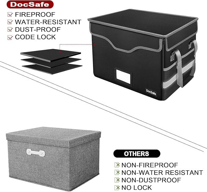 DocSafe Fireproof Document Box with Lock,File Storage Organizer with Pockets,Collapsible Portable File Box Home Office Safe Filing Cabinet with Handle for Hanging Letter/Legal Folders,Black,2 Pack