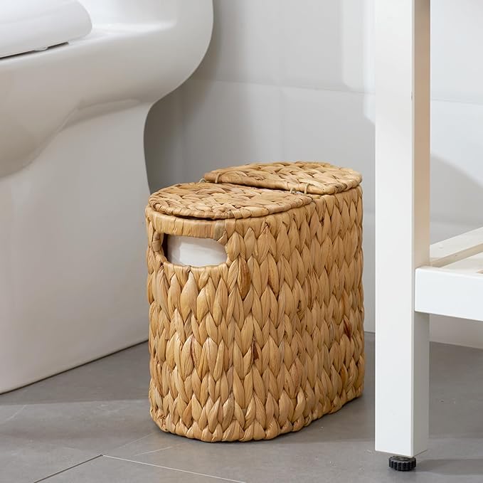 ELONG HOME Toilet Paper Basket with Lid, Water Hyacinth Wicker Toilet Paper Storage Holder for 4 Rolls, Toilet Paper Storage for Bathroom