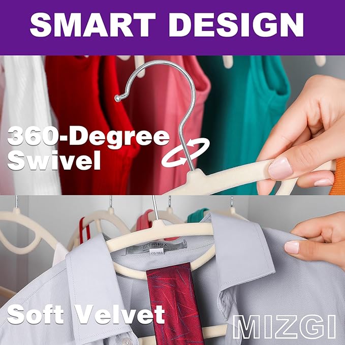 MIZGI Premium Velvet Hangers 50-Pack,No Shoulder Bump Hangers W/Tie Bar Ultra Thin Space Saving Non Slip Hanger Heavy Duty Felt Rounded Clothes Hanger for Sweaters,Coat,Jackets,Pants,Shirts