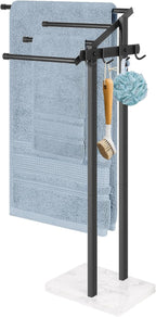 HarJue Towel Rack for Bathroom, 36” H Towel Holder Stand, Bath Towels Sheet Holder with Marble Base, Standing Rack for Home Pool Outdoor Floor, Store Family Member Towels (Black, 36” H-Hooks)