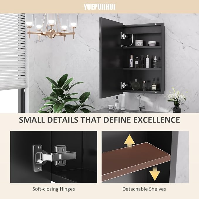 16X24 Inch Bathroom Medicine Cabinet with Mirror, Adjustable 3-Color Brightness Dimming LED Mirror Cabinet Recessed or Wall Mounted, Black Medicine Cabinet with Lights, Defogger