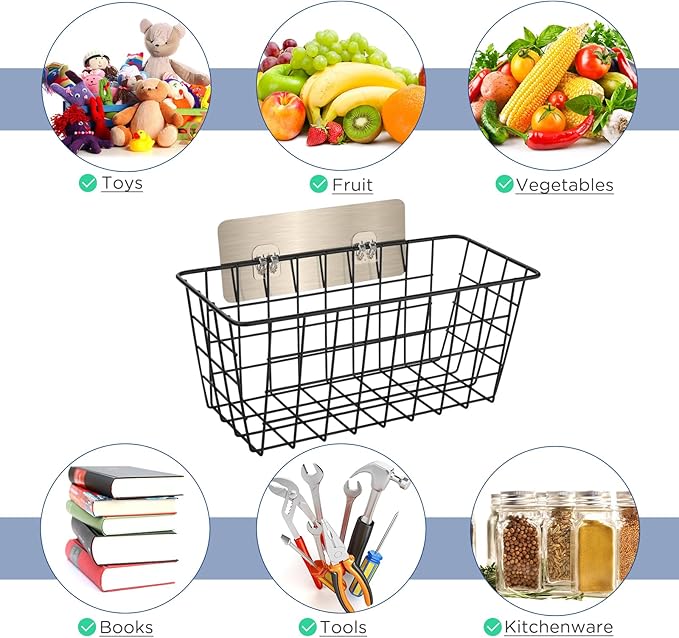 2 Pack Hanging Wall Basket Wire Storage Baskets, Adhesive Basket for Cabinet Door Organizer No Drilling, Hanging Fruit Baskets for Kitchen, Pantry Organization, Bathroom, Black