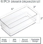 STORi SimpleSort 6-Piece Stackable Clear Drawer Organizer Set | 6" x 3" x 2" Rectangle Trays | Small Makeup Vanity Storage Bins and Office Desk Drawer Dividers | Made in USA