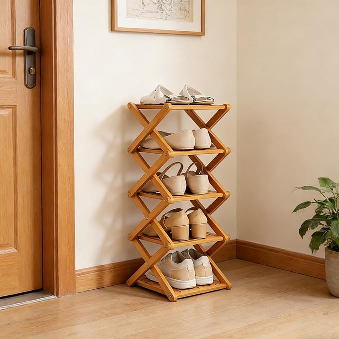 2/3/4/5/6/7/8/9 Tier Bamboo Shoe Rack - Foldable,No Installation Needed,Space-Saving Multi-Tier Storage for Indoor & Balcony Use (Brown,9 Layers)