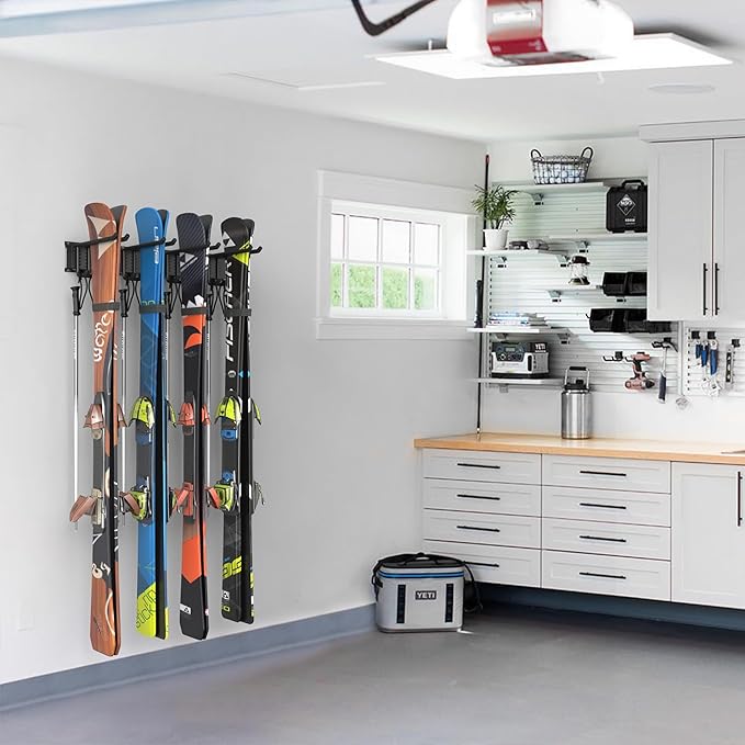 WALMANN Garage Storage Organization Wall Ski Rack 8 Pairs of Skis Mount Ski Hanger for Garage Snowboard Wall Rack Holds Up to 400 lbs