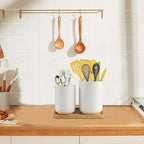 Utensil Holder,6.2"+5.2" Ceramic Utensil Caddy for Kitchen Counter with Bamboo Tray,Countertop Cooking Silverware Organizer for Spatula,Spoon,Knives Forks Caddy Holder,Kitchen Decor,Set of 2