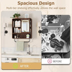 QUW Modern Bathroom Wall Cabinet, Medicine Cabinets with Mirror, Over The Toilet Storage Cabinet for Bathroom, Towel Bar, Sliding Door, 3 Lighting Modes, Adjustable Brightness, Dark Walnut