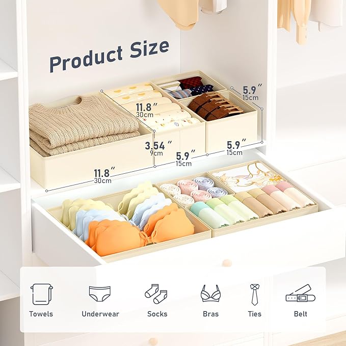 DIMJ Drawer Organizer Clothes, 28 Pack Dresser Organizer, Foldable Closet Organizers and Storage, Fabric Dresser Bins, Drawer Dividers for Nursery, Baby Clothes, Underwears, Sock,Beige