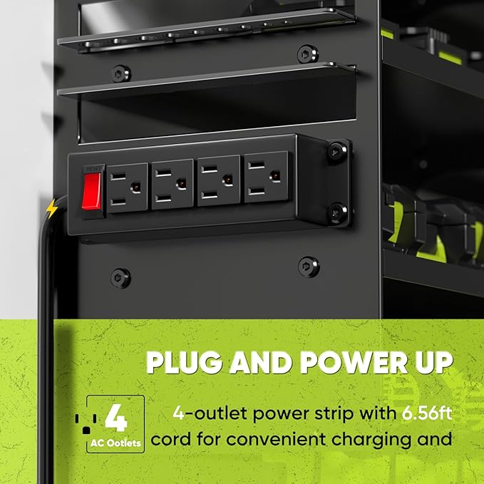 Large Power Tool Organizer Wall Mount with Charging Station,4 Layer Heavy Duty Metal Tool Storage Rack Loads 600lbs with 8 Cordless Drill Holder,Battery Utility Rack Loads with 4 Power Strip