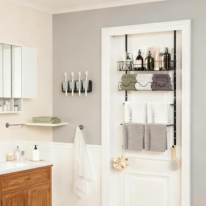 4 Tiers Towel Racks for Bathroom Door, Adjustable Bathroom Towel Holder with Storage Basket, Towel Storage for Bathroom Over The Door Towel Bar for Bathroom