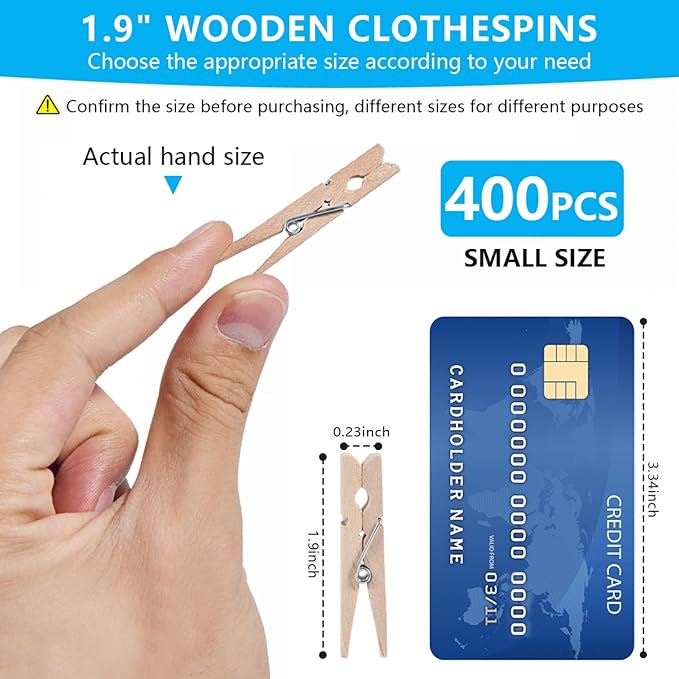 SenseYo 400 Pcs 1.9 Inch Wooden Clothespins Clips for Hanging Clothes, Craft, Home