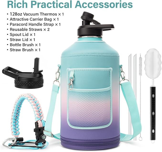 1 Gallon Water Bottle Insulated | Thickened Stainless Steel Vacuum Metal Water Jug | Portable Sports Large for Gym and Hiking with Straw, Carrier Bag, Handle Strap | BPA-Free 128 oz