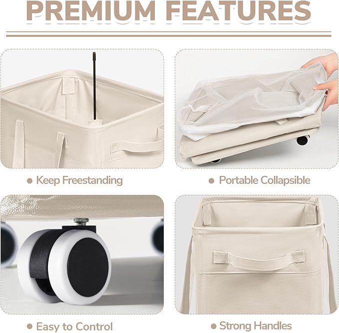 CHICVITA Collapsible Laundry Basket on Wheels 75L, Slim Laundry Hamper with Removable Wash Bag for Bedroom, Clothes Hampers for Laundry, Ivory