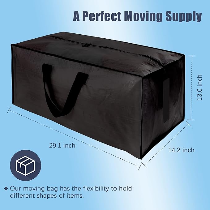 8 Pack Large Strong Bags with Zippers & Carrying Handles - Water-Resistant - Heavy Duty Storage Tote for Space Saving, Fold Flat, Alternative to Moving Box (Black)