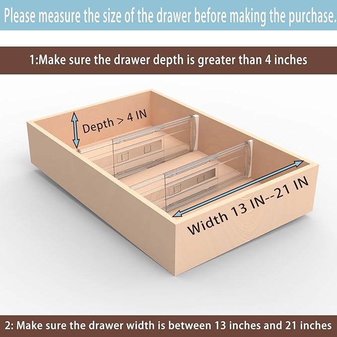 8 Pack Adjustable Drawer Dividers for Clothes,4" High Clear Expandable From 13-21" Drawer Organizers, PC Plastic Separators for Dresser/Bedroom/Bathroom/Kitchen/Office Storage,Easy to Assemble