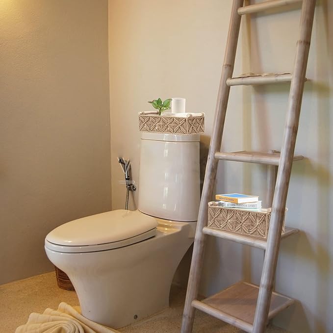 Macrame Storage Basket Boho Decor Baskets for Organizing Woven Decorative Basket for Countertop Toilet Paper Basket for Toilet Tank Top Shelf Basket with Handle for Bathroom Decor Nursery (Set of 2)