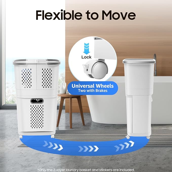 2 Tier Rolling Laundry Hamper Sorter, Removable Laundry Basket Thick Storage Rack Classification with Wheels and Handle White Portable Storage Baskets with 3 Deep Baskets