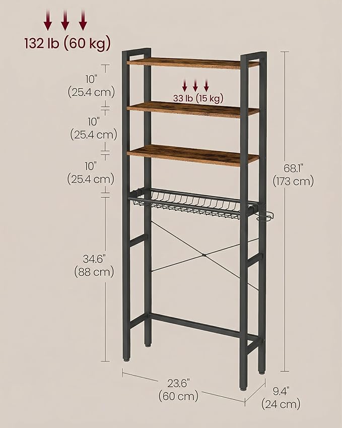 VASAGLE Over the Toilet Storage, Over Toilet Bathroom Organizer with Adjustable Shelves and Basket, 3 Hooks, Space Saving, 9.4 x 23.6 x 68.1 Inches, Rustic Brown UBTS114KD01S