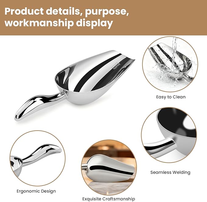 12 Oz 304 Stainless Steel Ice Scoop for Freezer & Ice Machine – Heavy Duty Metal Scooper, Dishwasher Safe, Multi-Purpose for Kitchen, Bar, Party, Wedding (Ice, Flour, Dry Goods)