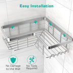 YASONIC Corner Shower Caddy, 3-Pack Adhesive Bathroom Caddy with Soap Holder and 12 Hooks, Rustproof Stainless Steel Shower Organizer, No Drilling Wall Mounted Shower Rack, Brushed Silver