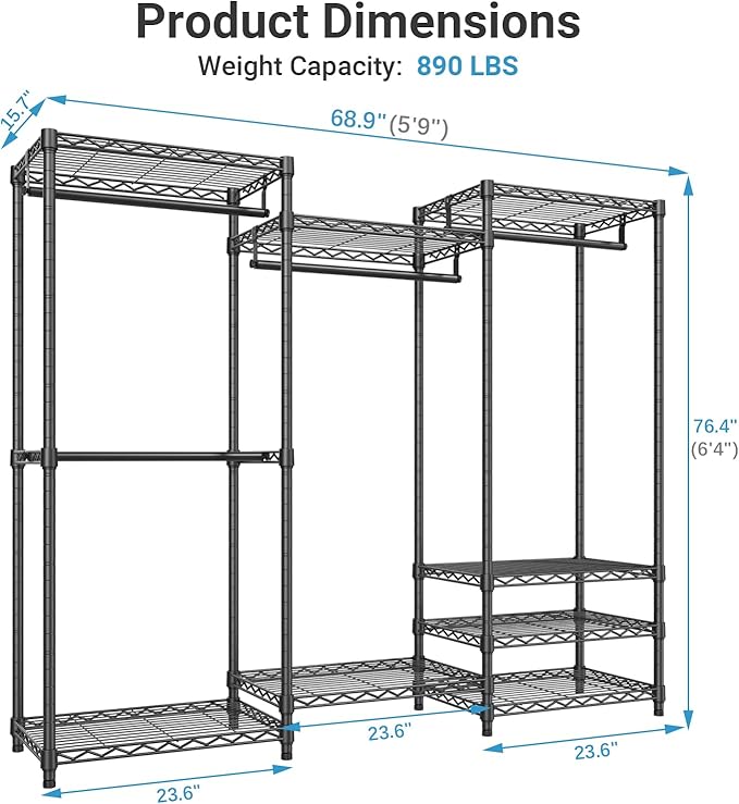 VIPEK V5 Portable Closet Wardrobe Heavy Duty Clothes Rack, Freestanding Clothing Rack with 4 Hang Rods & 8 Shelves, Adjustable Closet Racks, 68.9" L x 15.7" W x 76.4" H, Max Load 890LBS, Black