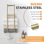 BWE Brushed Gold Towel Racks for Bathroom, 28" Stainless Steel Bathroom Towel Holder for Rolled Towels, Wall Mounted Towel Storage for Bathroom with 2 Hooks, 6 Large Bath Towels Capacity