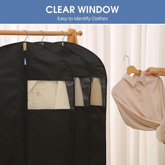 Dress Bags for Gowns, 65'' Long Garment Bags for Hanging Clothes, Dress Garment Bag, Black Dress Bag with Clear Window for Dresses, Coats, Uniforms（2 Packs）