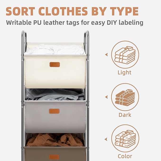 STORAGE MANIAC 120 Liters Vertical Rolling Laundry Hamper, 3 Section Laundry Sorter with Wheels and 2 Breaks, 3-tier Laundry Baskets for Small Space, Dorm, Laundry Room, Closet, Multicolored 3-tier