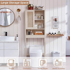 LEYAOYAO Rattan Over The Toilet Storage Cabinet, Farmhouse Over Toilet Bathroom Organizer with Sliding Door, 68" Tall Freestanding Washer Shelf with Adjustable Shelf & Curved Profile, Grey White