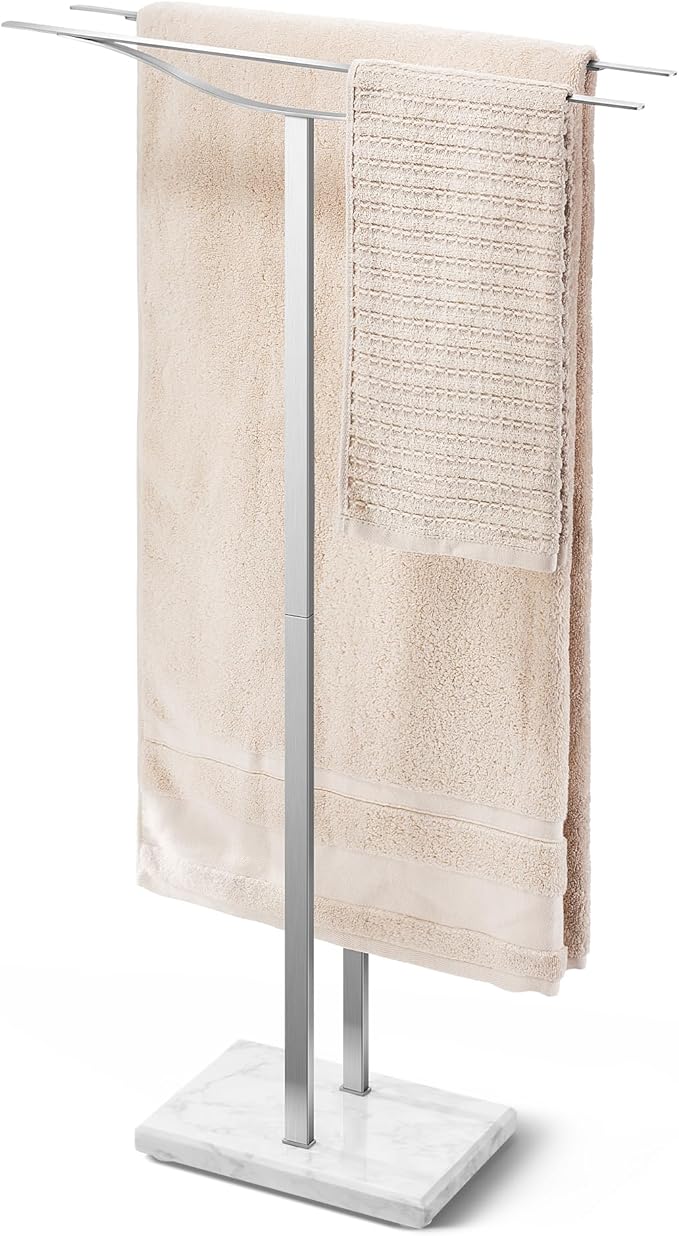 Bathroom Towel Rack Freestanding Floor Stand: Brushed 36in 2‑Bar Weighted Marble Base Towel Holder, Rustproof 304 Stainless Steel Drying Rack for Bath&Hand Towels, No‑Drill Slim Organizer, Spa Pool