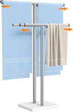 ELYKEN Standing Towel Racks for Bathroom, 2-Tier Floor Towel Holder Stand with Weighted Marble Base, Freestanding Bath Towel Rack, Width Adjustable & Stainless Steel Brushed Finish