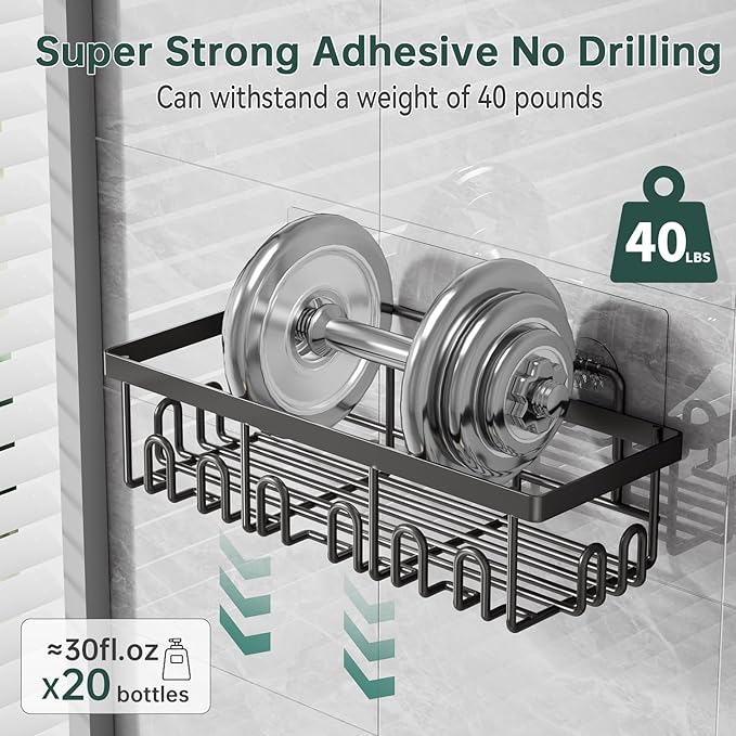 5-Pack Adhesive Shower Caddy, Rustproof Stainless Steel Organizer for Bathroom Storage with Large Capacity, No Drilling Bathroom Caddy with Soap Toothbrush Holder for Kitchen Home Black