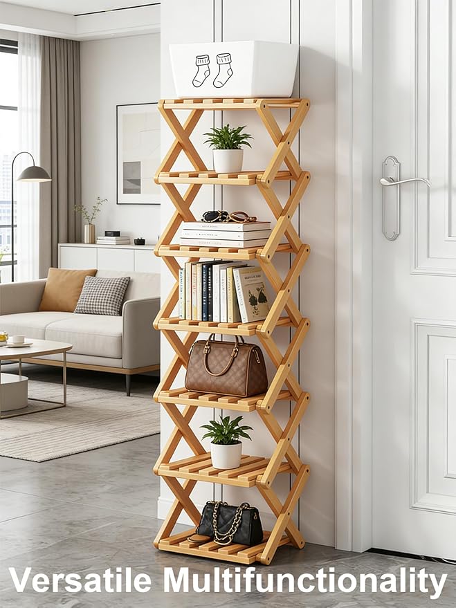 The 9-Tier No-Assembly Bamboo Rack, New Upgrade 9 Tier Bamboo Shoe Rack, Space-Saving Tall Narrow Accordion Shoe Rack for Entryway Closet Dorm (Brown-4)