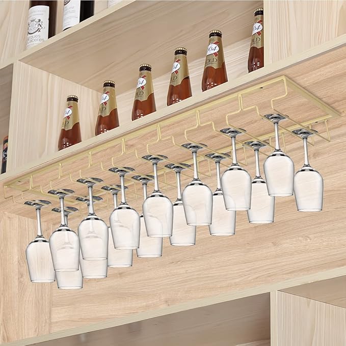Xverycan Wine Glass Rack Under Cabinet, 8 Row Extreme Large Stemware Hanger, Metal Wine Goblet Holder, DIY Bar Glass Storage Rack for Bar Counter, Kitchen, Screws Included (Gold)