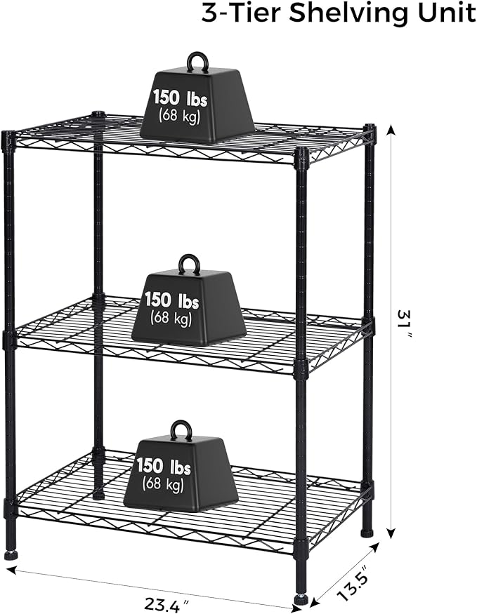 Homeiju 3-Shelf Storage Rack,Adjustable Height Metal Shelving Unit,Heavy Duty Storage Shelving Unit,Wire Rack Shelving,Garage Organizer for Home,Kitchen,Office,Pantry,Garage（13.5"D x 23.4"W x 31"H）