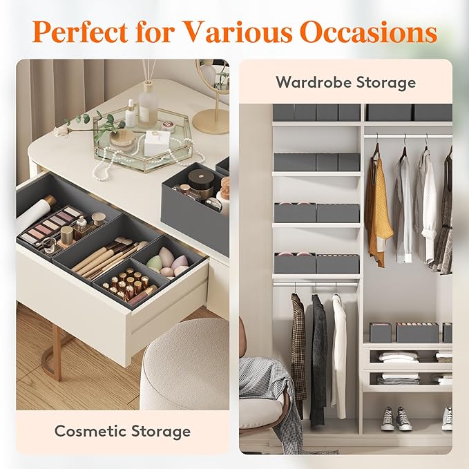 Lifewit Drawer Organizer Clothes for Closet 48 Pack, 3 Sizes Underwear Wardrobe Drawer Dividers, Fabric Foldable Dresser Storage Organizer Bins for Sock/Bra/Lingerie/Undies, Gray