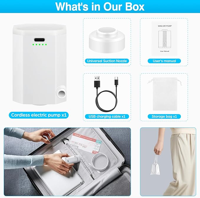Cordless Electric Pump for Vacuum Storage Bags Travel Air Pump for Various Space Saver Bags Portable Rechargable Seal Bag Pump for Compression Clothes, Blanket, Luggage (White)