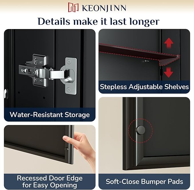 Keonjinn Black Medicine Cabinet 14 x 18 Inch, Assembly Needed, Small Bathroom Mirrored Medicine Cabinet, Lightweight, One Shelf Only, Freely Adjustable Shelves, Recessed or Wall Mount, Tempered Glass